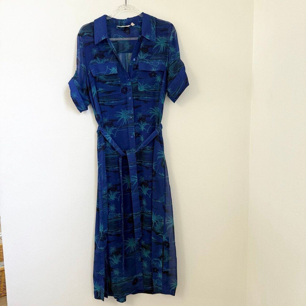 Soft Surroundings Shirt Dress Blue Tropical Palm Print Sz M Resortwear Coastal